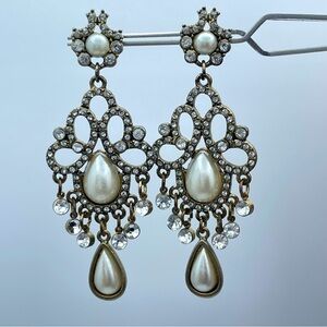 Stunning Vintage Crystal & Faux Pearl Chandelier Drop Earrings, Antique Gold